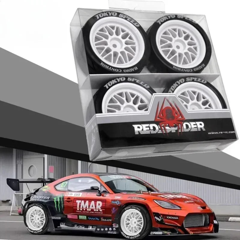 65mm Rubber Tires with 12mm Hex for 1/10 Tamiya TT01/TT02/TA06/XV01 RC Cars – Set of 4 Upgrade Parts