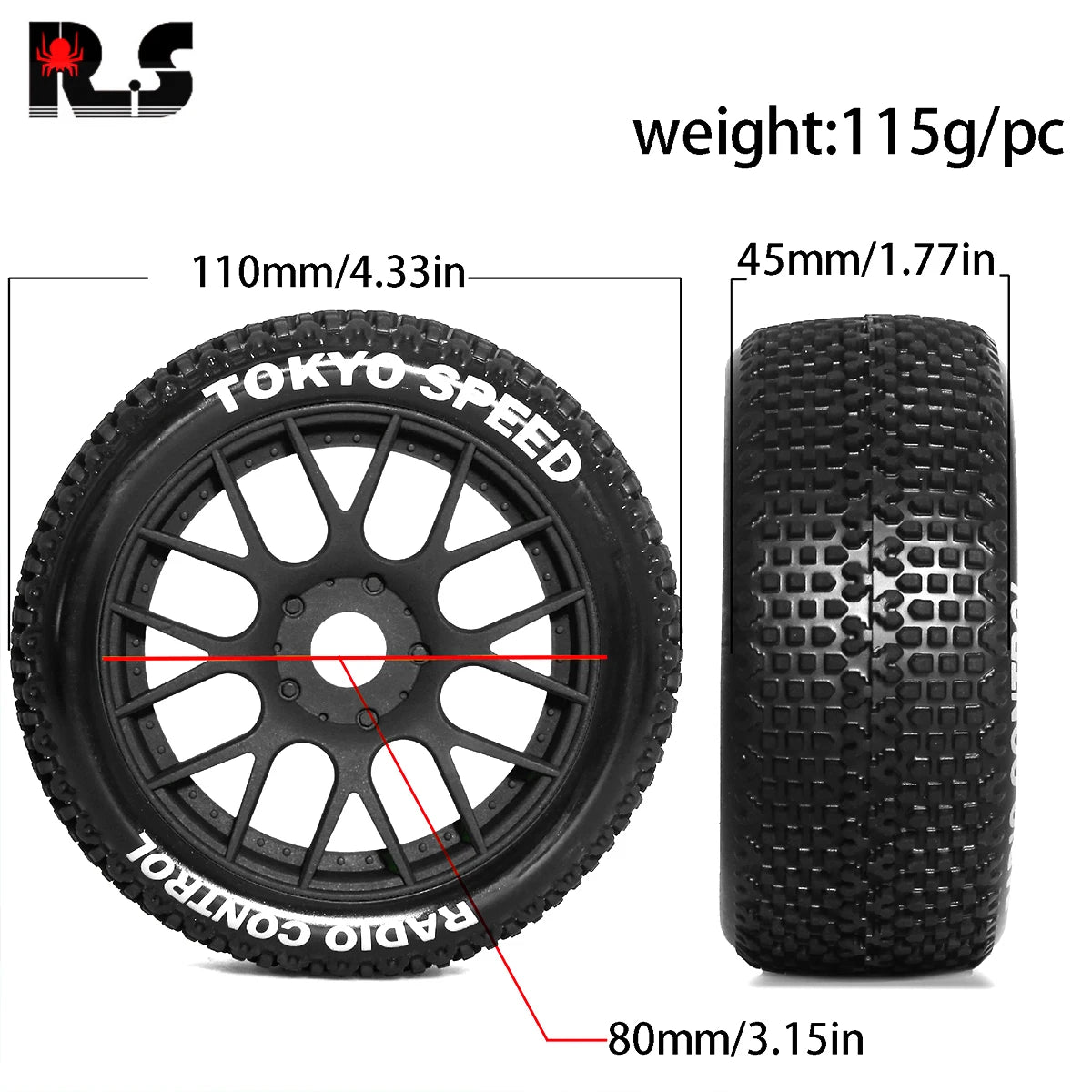 4pcs 110mm 1/8 Off-Road Buggy Tires with 17mm Hex – Fits ARRMA Typhon, Talion, Traxxas, Redcat, Losi, Kyosho, HPI, HSP, VRX