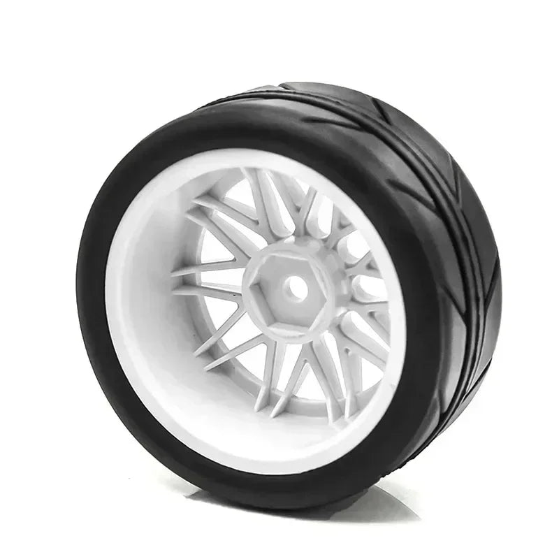 65mm Rubber Tires with 12mm Hex for 1/10 Tamiya TT01/TT02/TA06/XV01 RC Cars – Set of 4 Upgrade Parts