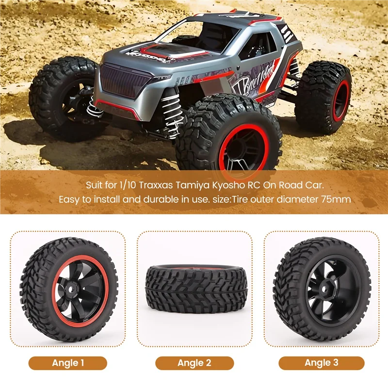 75mm Rubber Tires with Wheel Rims for 1/10 RC Rally Cars – Fits HSP 94123, HPI, Kyosho, Tamiya