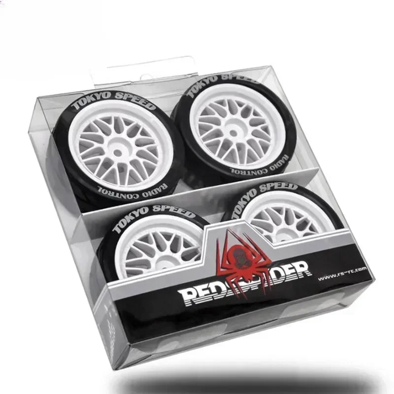 65mm Rubber Tires with 12mm Hex for 1/10 Tamiya TT01/TT02/TA06/XV01 RC Cars – Set of 4 Upgrade Parts