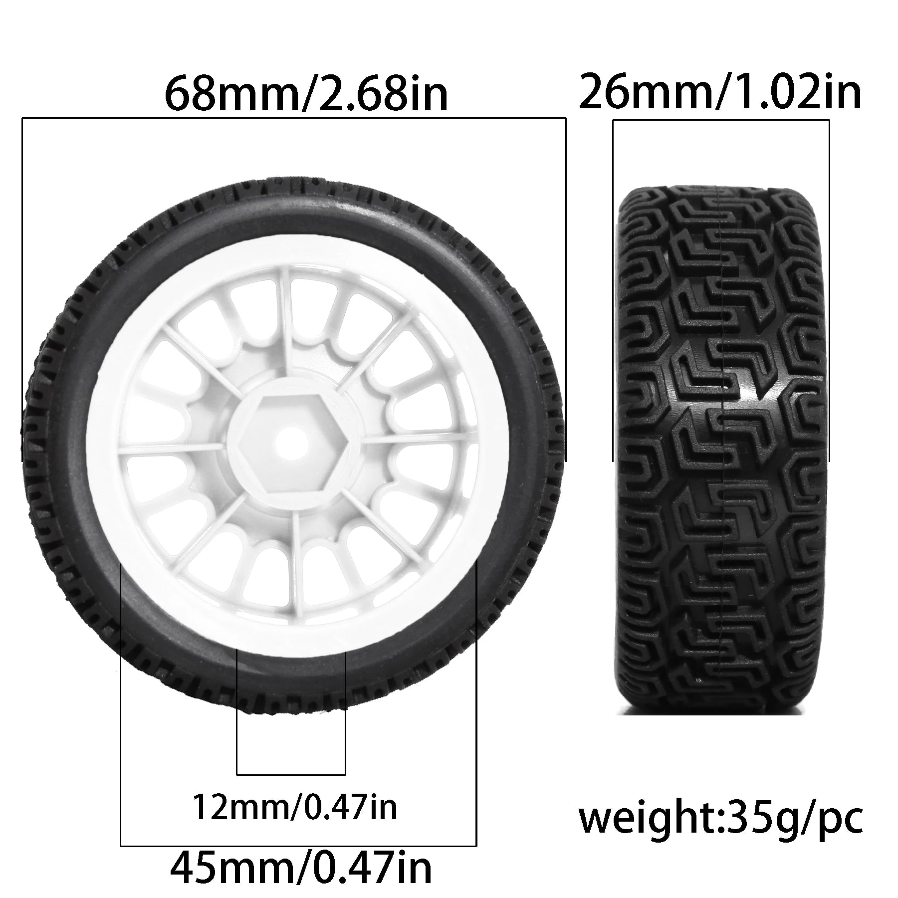 12mm Hex RC Tires (OD 68mm) for 1/10 & 1/12 On-Road Touring Cars – Compatible with Tamiya TT01/TT02, HSP, HPI, Kyosho, Traxxas, WLtoys