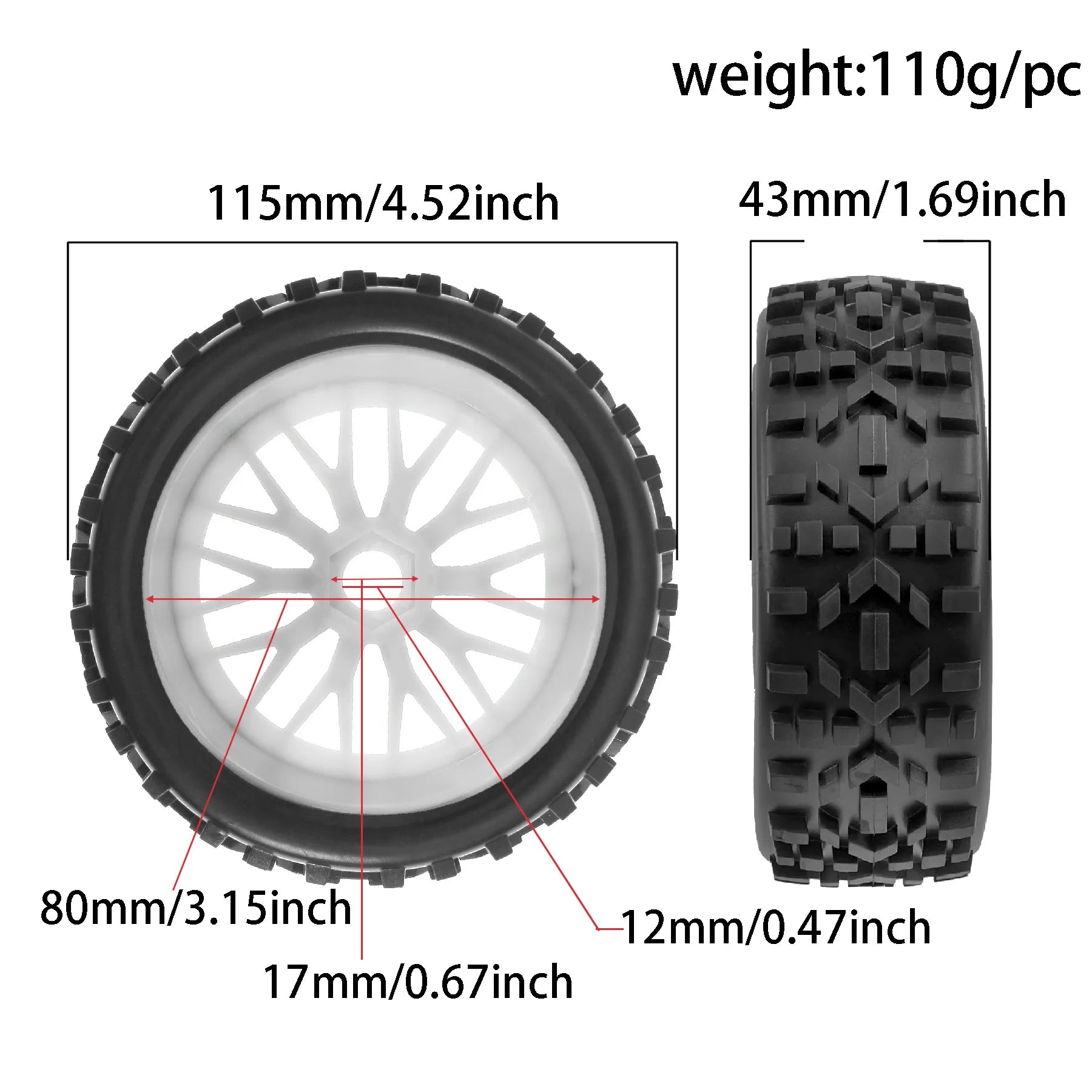 4.52'' OD Rubber Tires with 17mm Hub & Plastic Rims for 1/8 RC Cars – Fits Arrma Python, HSP, Redcat, Kyosho, Traxxas, Losi, HPI, XTR