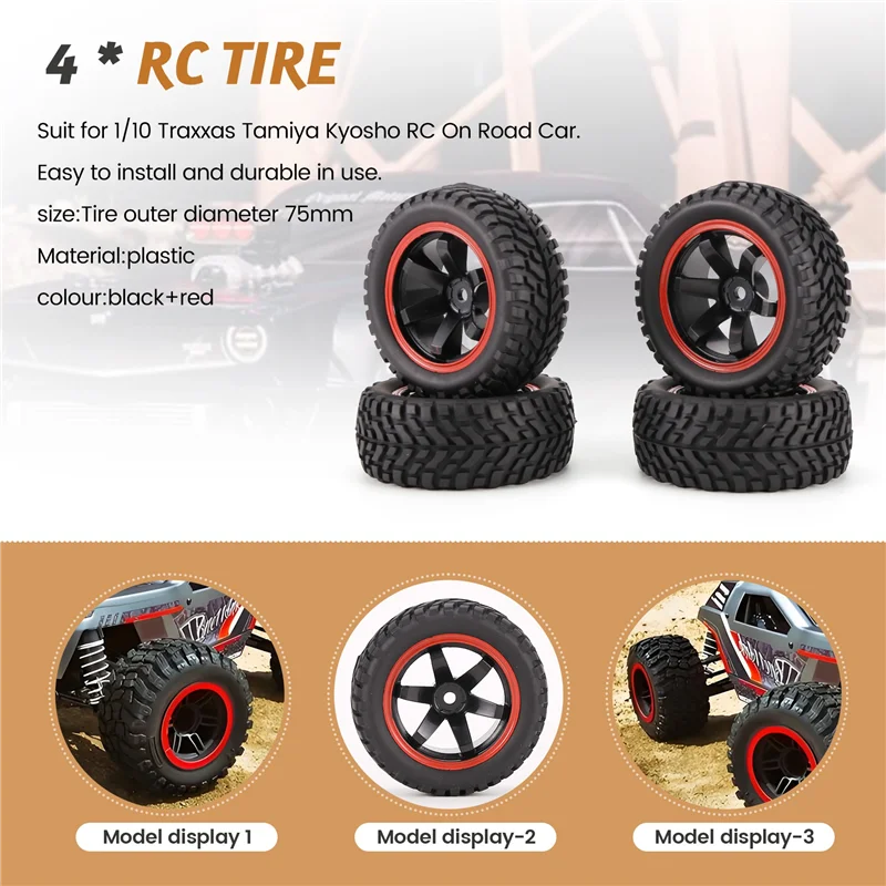 75mm Rubber Tires with Wheel Rims for 1/10 RC Rally Cars – Fits HSP 94123, HPI, Kyosho, Tamiya
