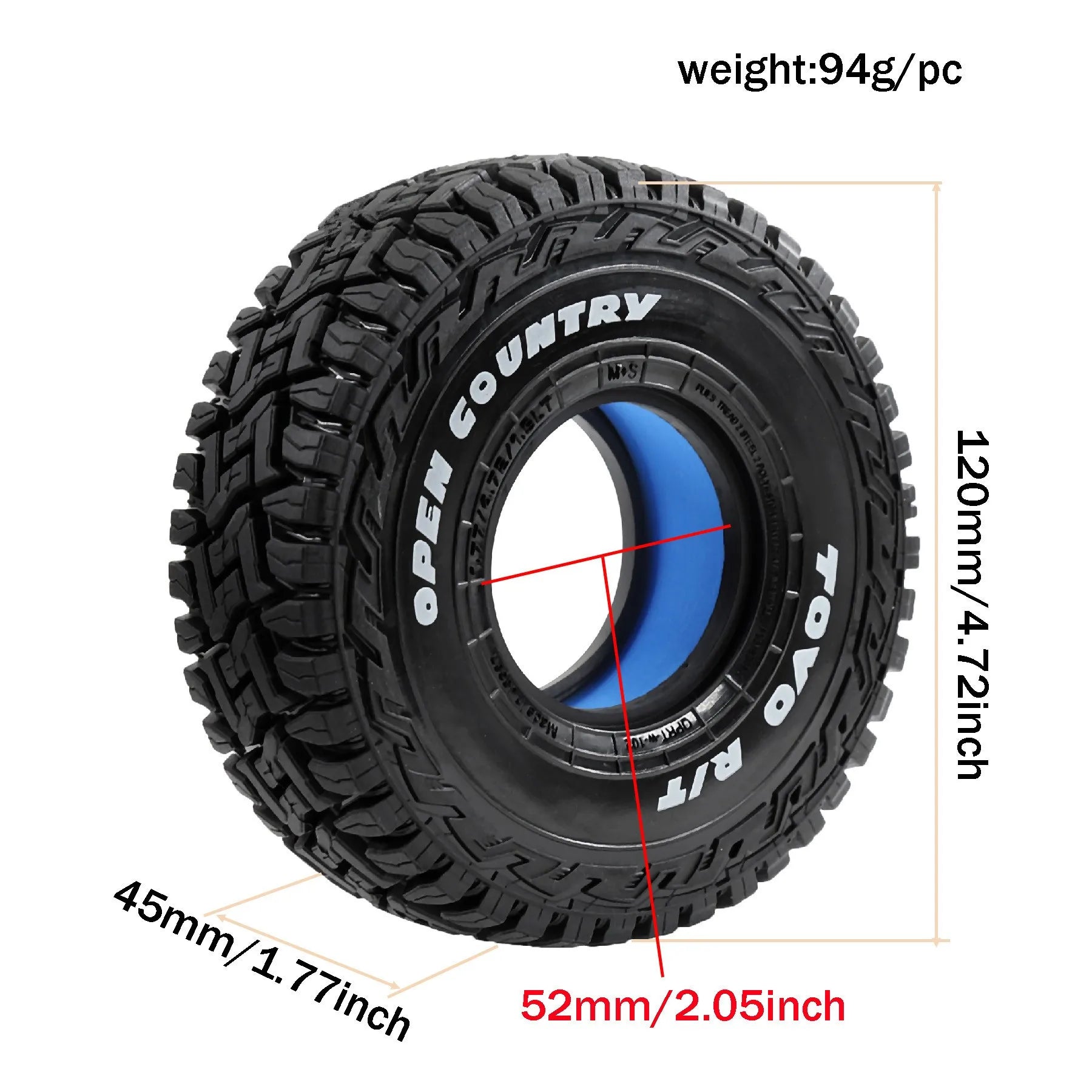 1.9 Rubber Mud Tires with Soft & Hard Foam Inserts – For 1/10 RC Crawler (Axial SCX10, TRX4, RBX10, RC4WD, D90, Redcat Gen8)