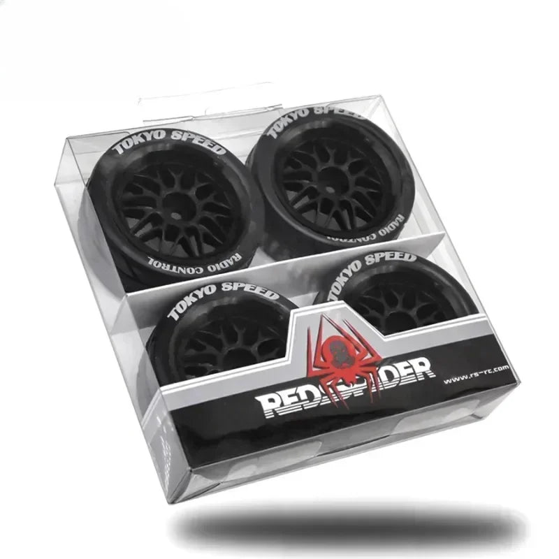 65mm Rubber Tires with 12mm Hex for 1/10 Tamiya TT01/TT02/TA06/XV01 RC Cars – Set of 4 Upgrade Parts